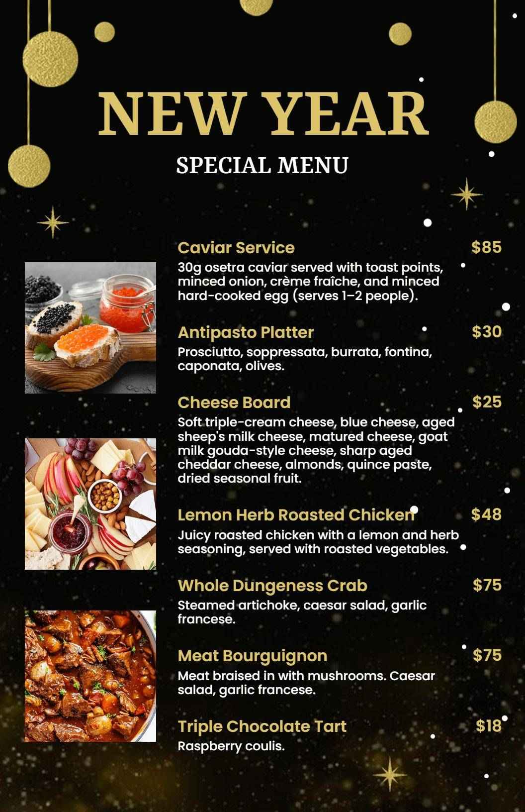 Elegant Caviar and Festive Dishes for the New Year Menu Template