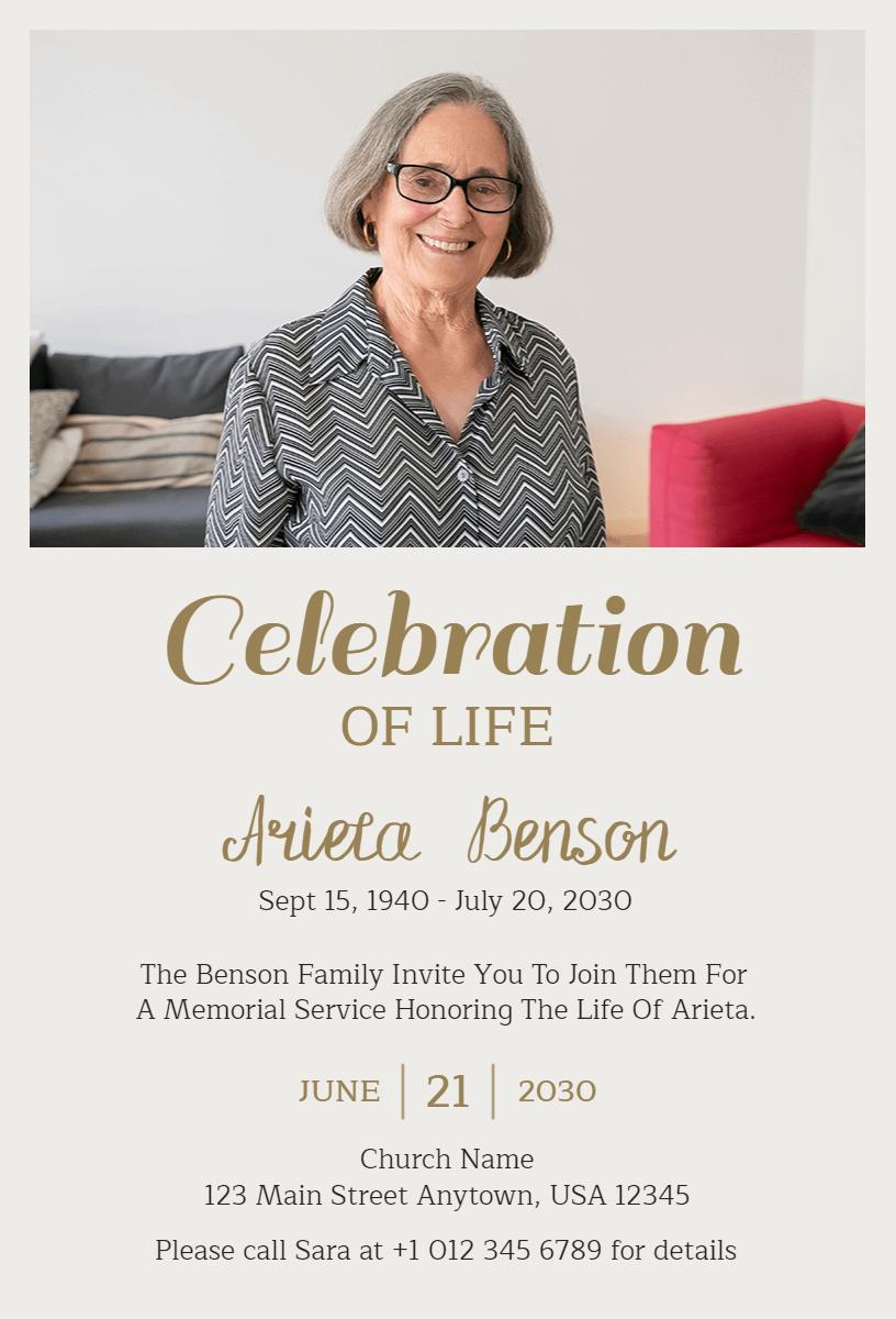 Elegant Celebration of Life Honoring Arieta Benson Invitation Template