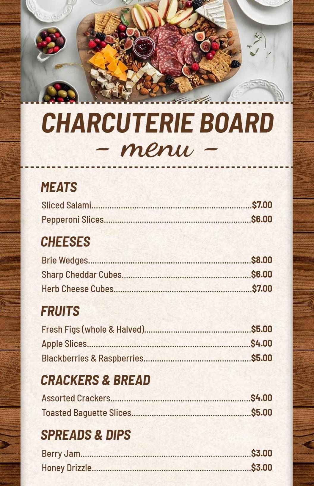 Elegant Cheese and Meats Charcuterie Selection Menu Template