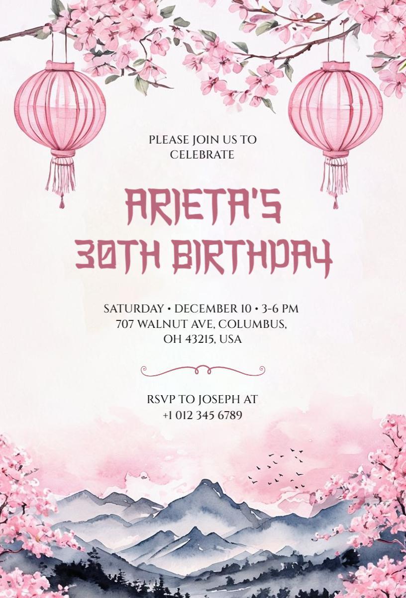 Elegant Cherry Blossom 30th Birthday Celebration Invitation Template