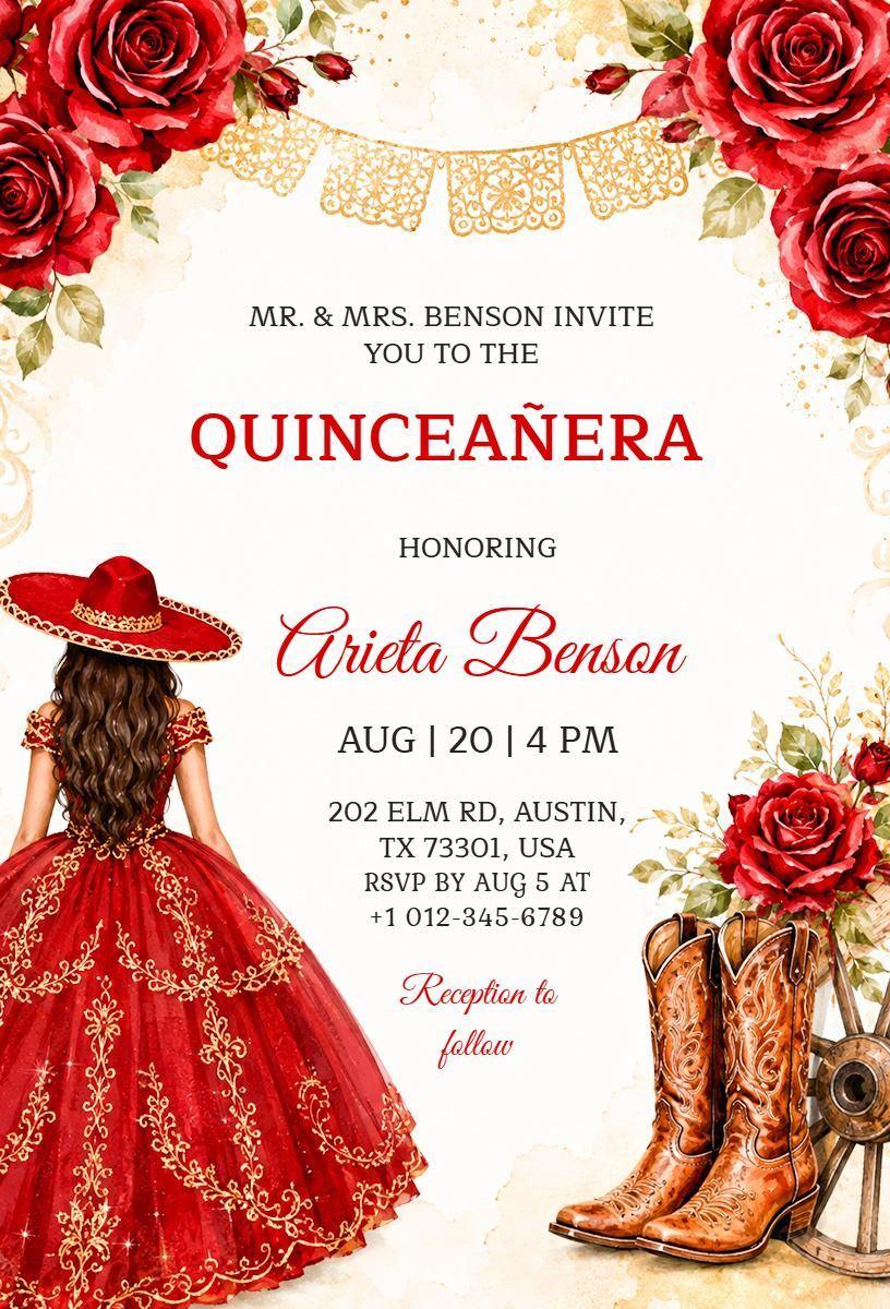 Elegant Chic Red Roses Quinceanera Celebration Invitation Template