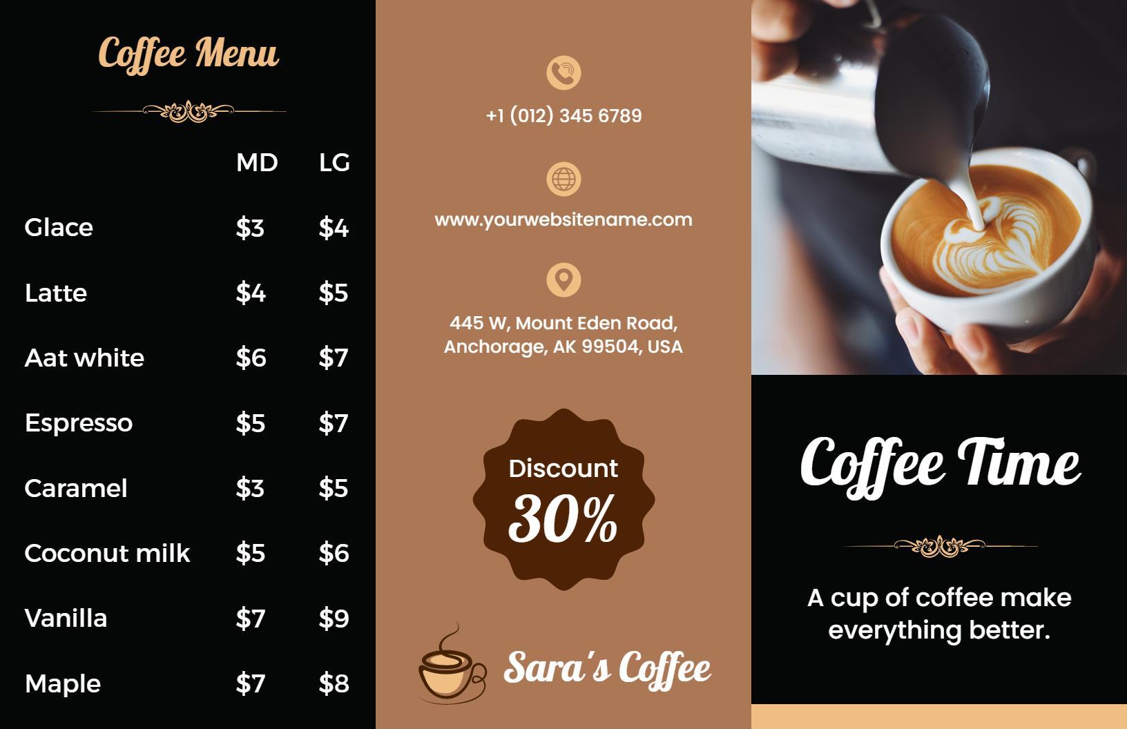 Elegant Coffee Shop Menu with Discounts and Cozy Vibe Brochure Template