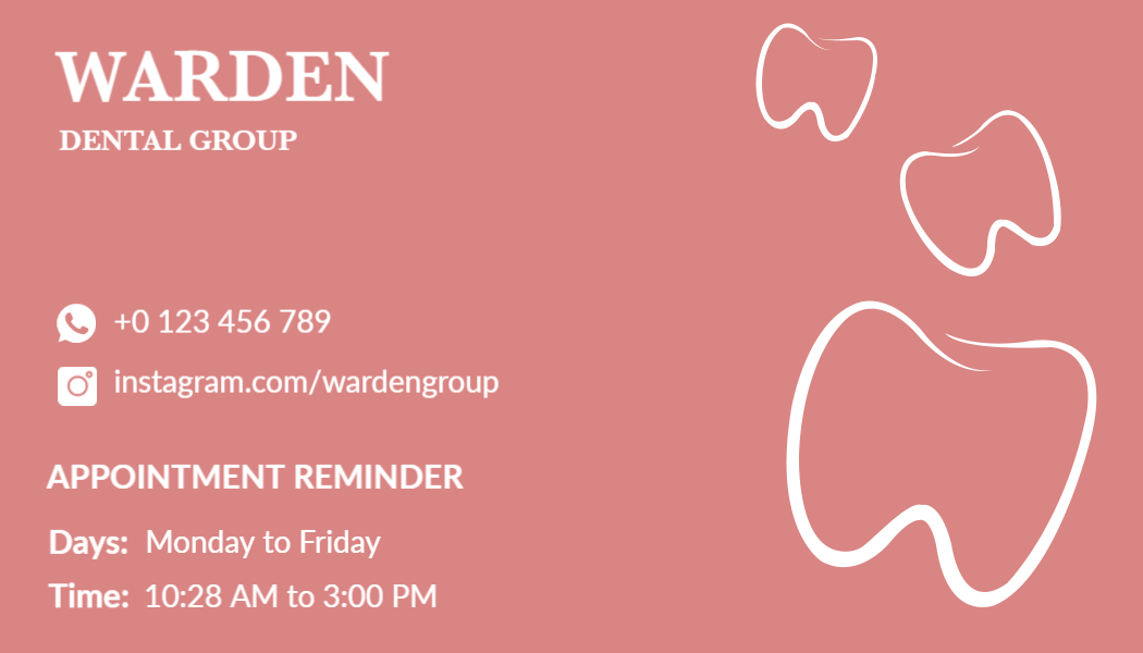 Elegant Coral Dental Appointment Reminder Business Card Template