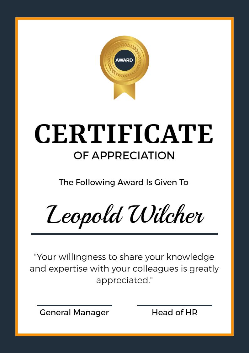 Elegant Dark Blue Certificate of Appreciation Template