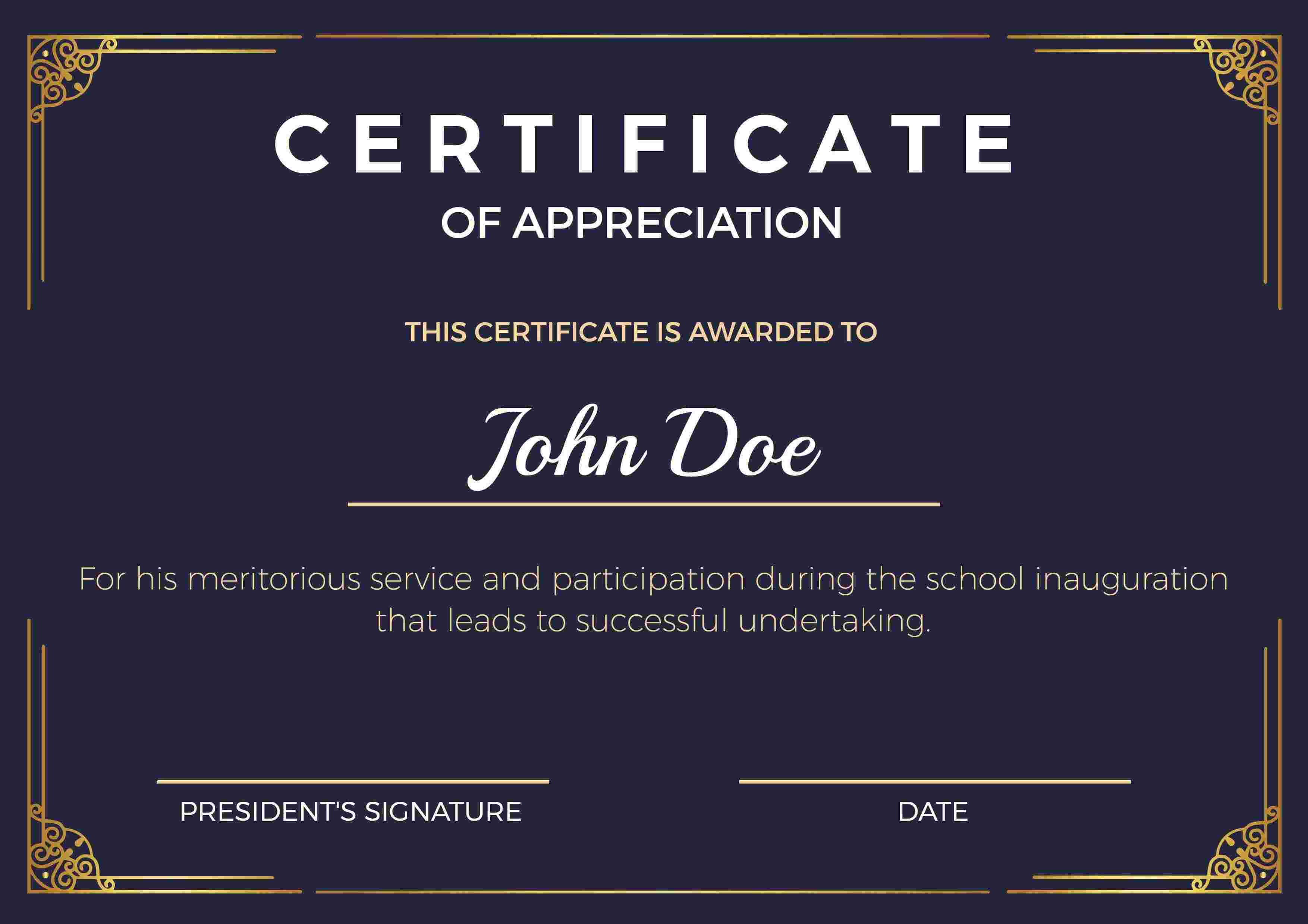 Elegant Dark Blue Gold Accents Appreciation Certificate Template