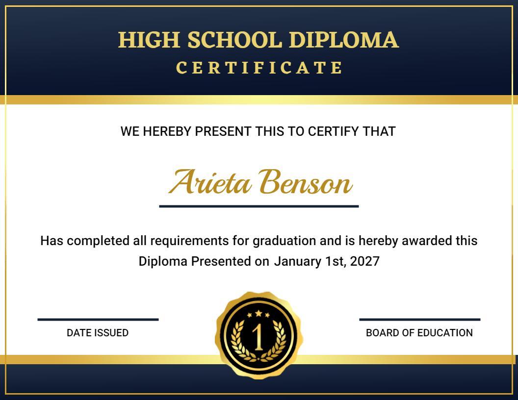 Elegant Dark Blue High School Diploma Graduation Certificate Template