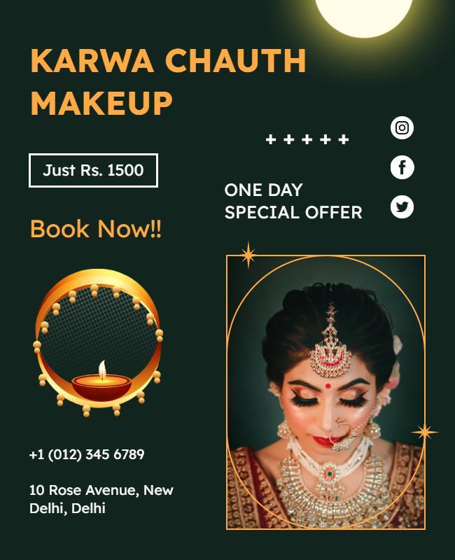 Elegant Dark Green Karwa Chauth Makeup Promotion Poster Template