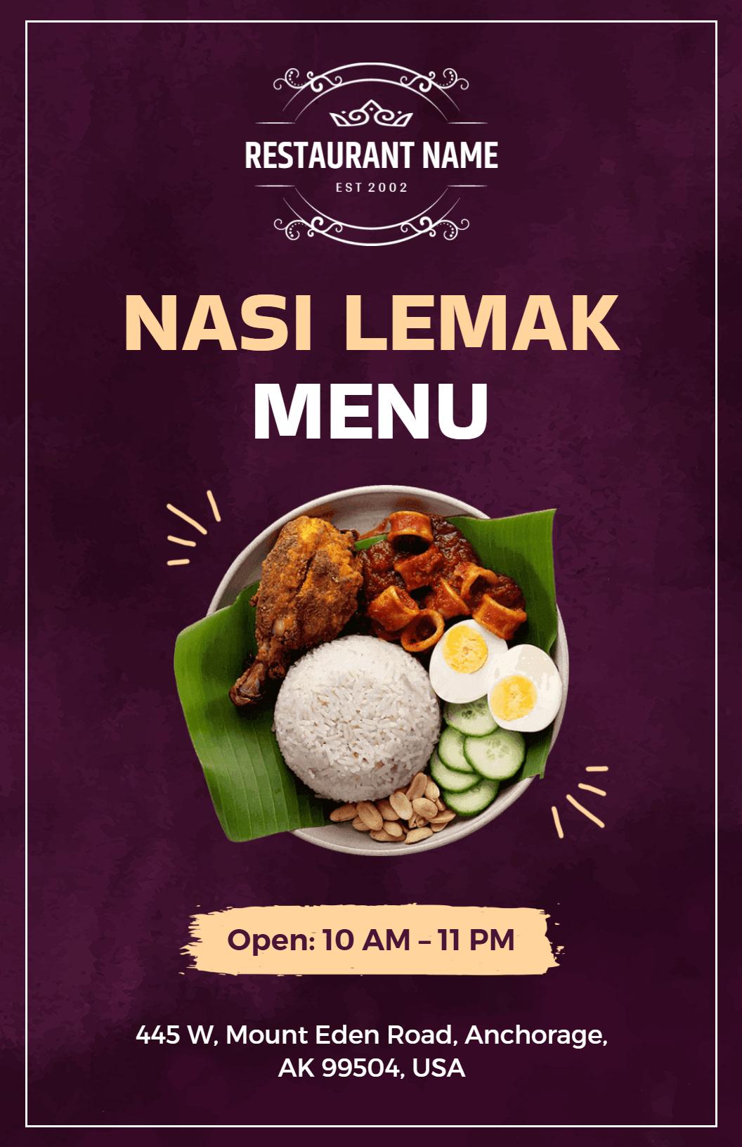 Elegant Deep Purple Nasi Lemak Specialty Meals Menu Template