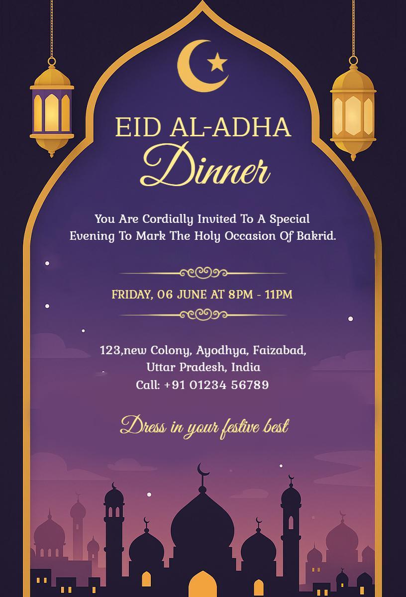 Elegant Eid Al-Adha Bakrid Celebration Dinner Invitation Template