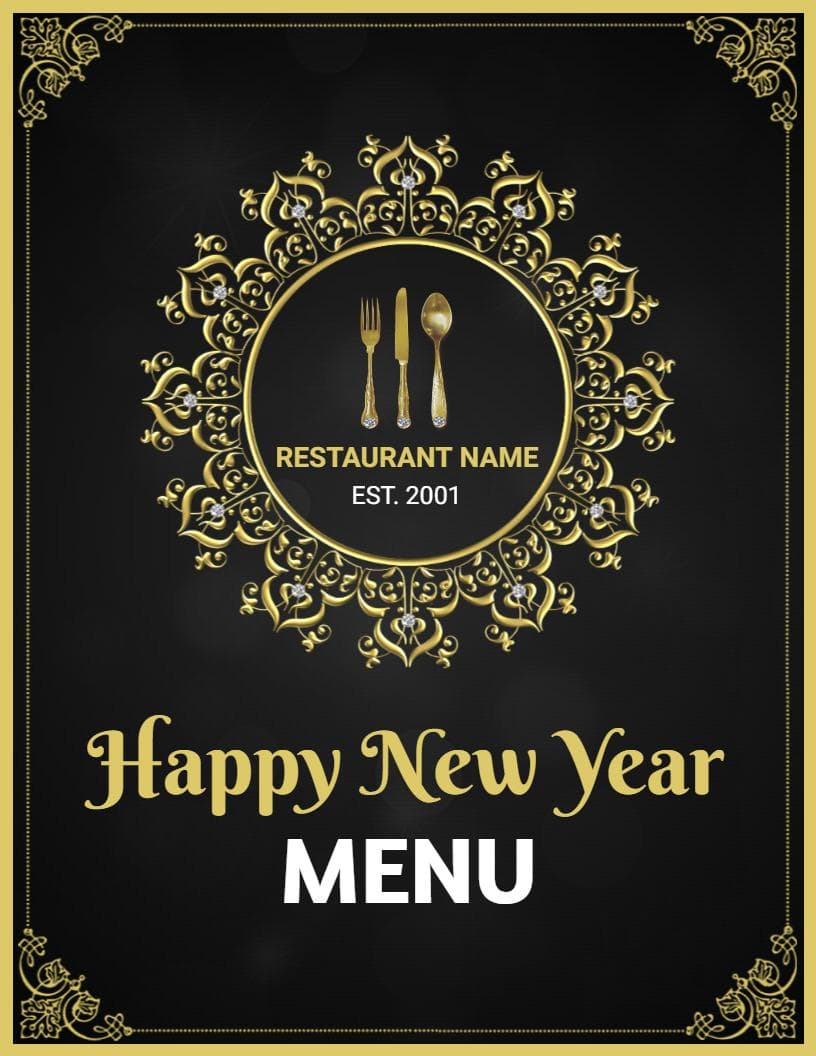 Elegant Festive Dishes and Dessert Offerings New Year Menu Template