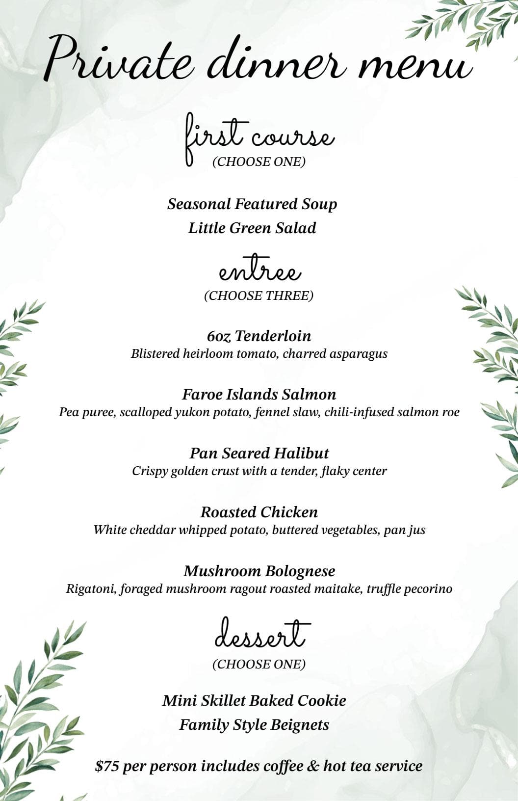 Elegant First Course and Entree Selections for a Special Dinner Menu Template