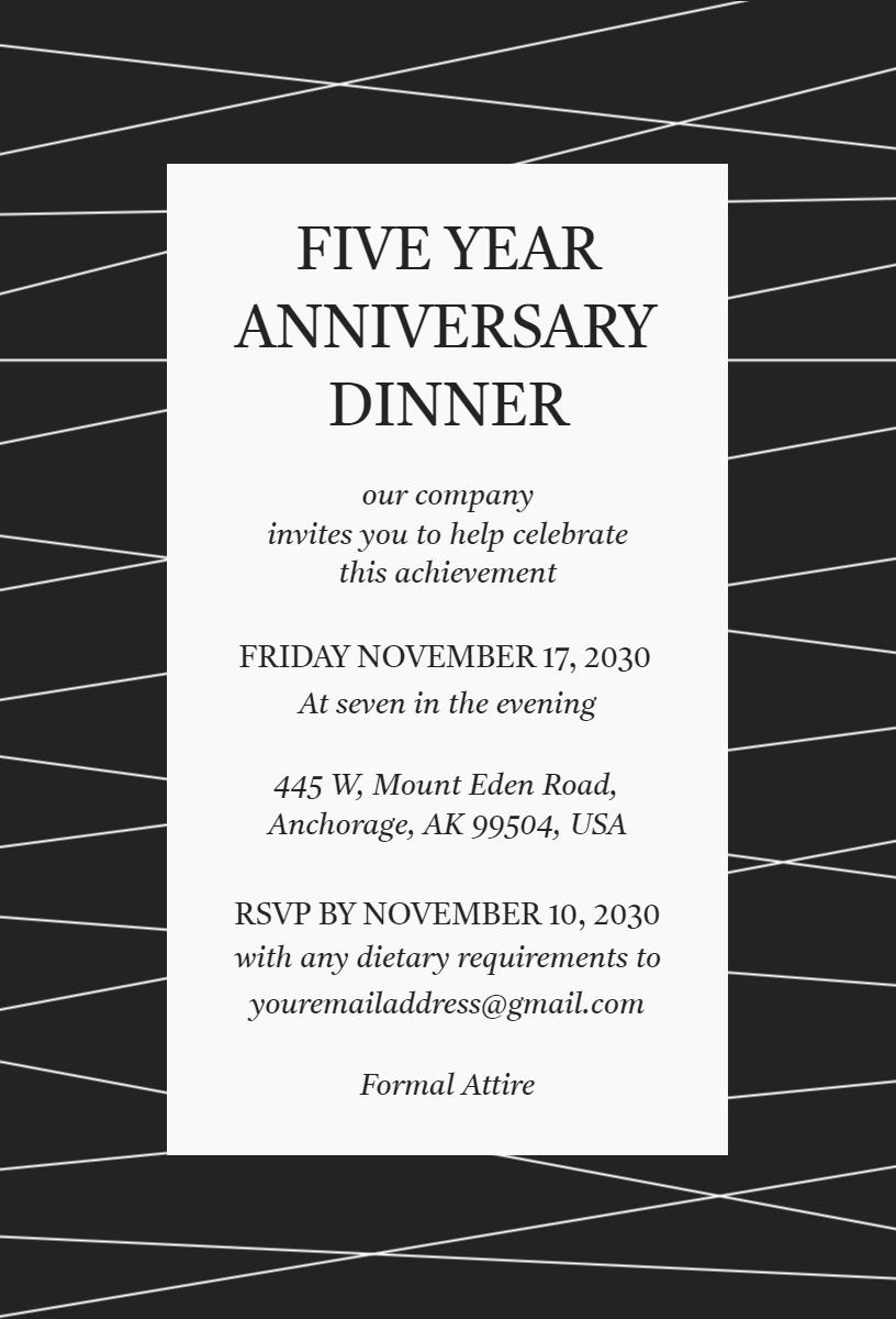 Elegant Five Year Anniversary Dinner Celebration Invitation Template