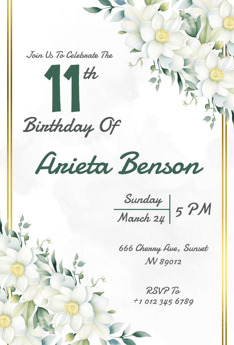 Elegant Floral 11th Birthday Celebration Invitation Template