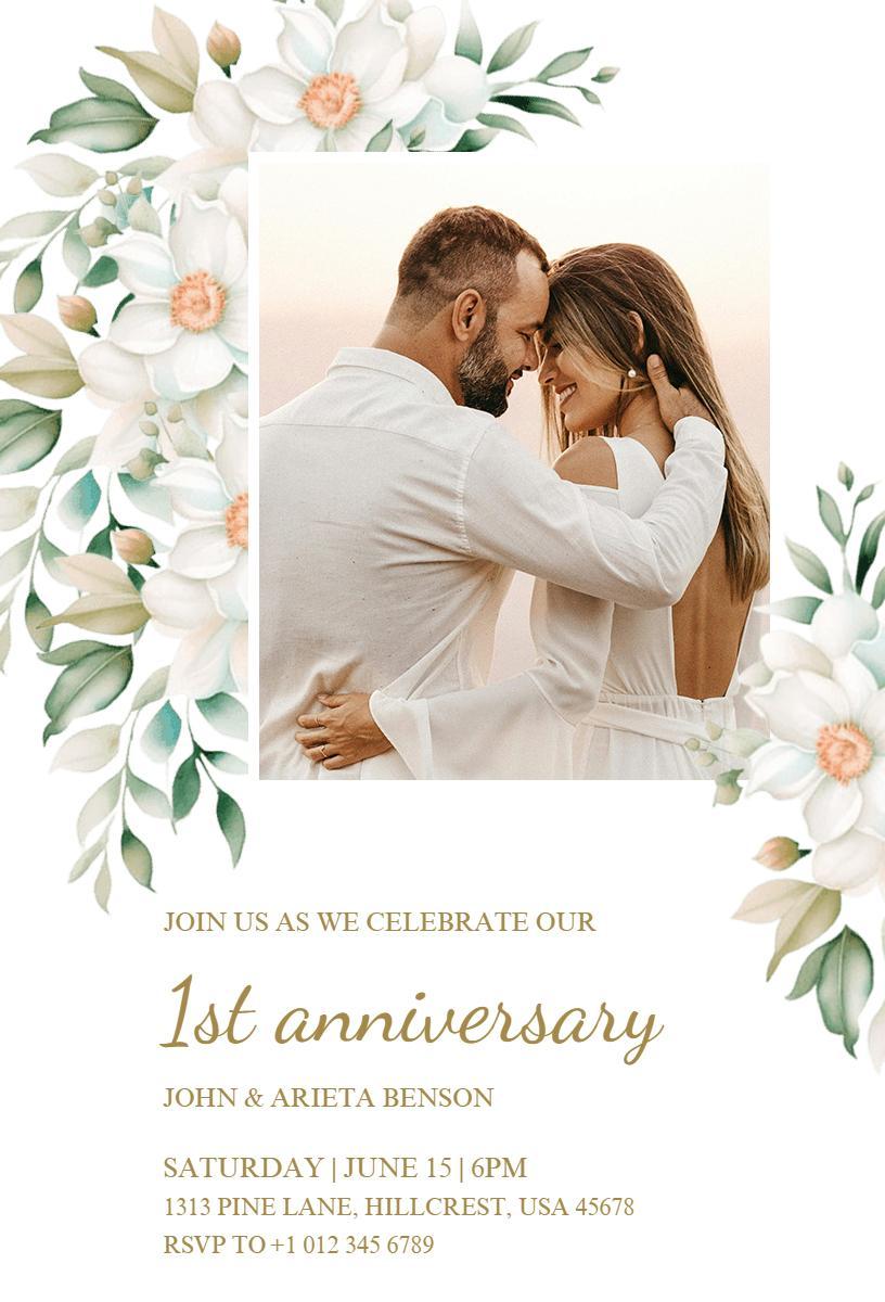 Elegant Floral 1st Anniversary Celebration Invitation Template
