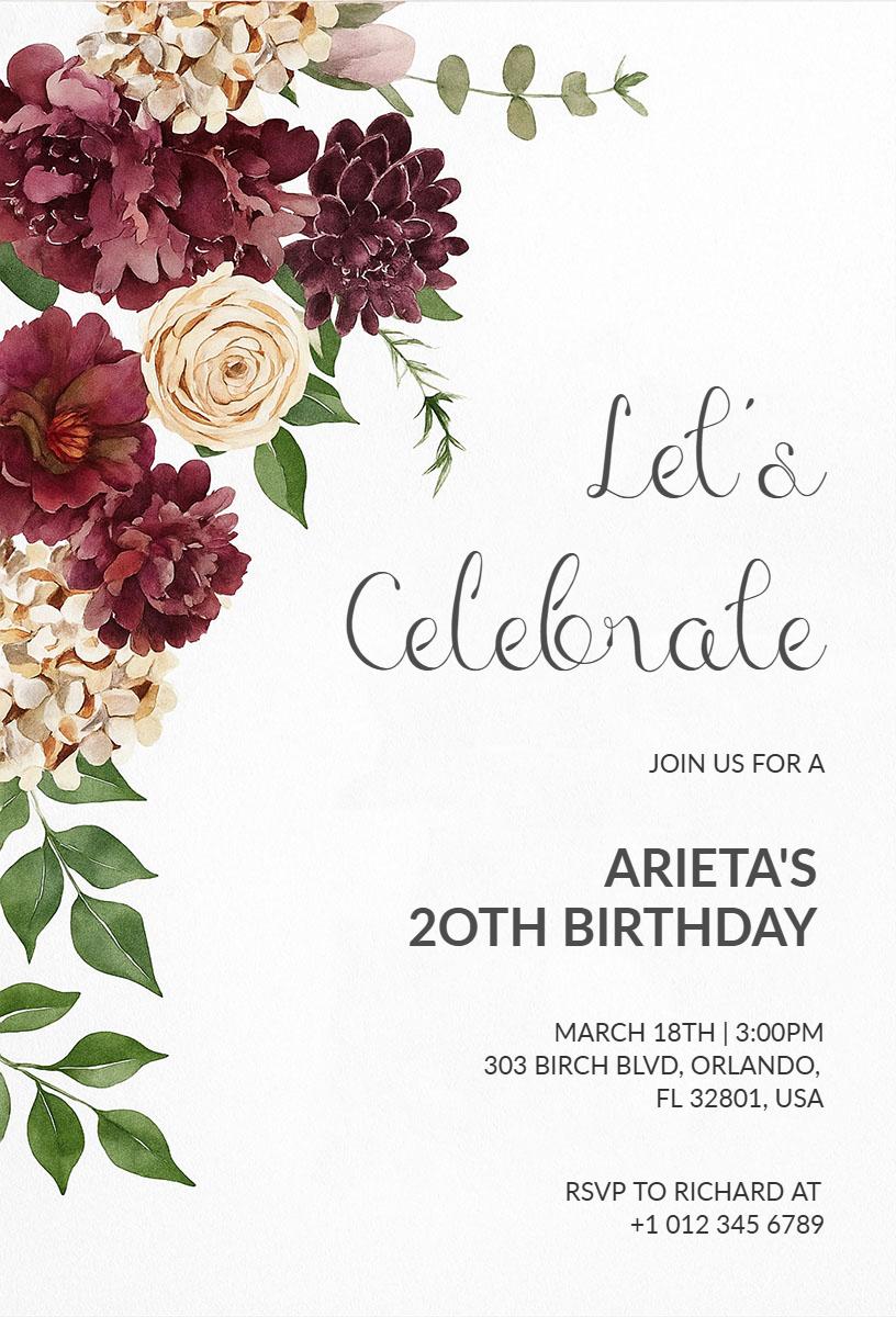 Elegant Floral 20th Birthday Celebration Invitation Template