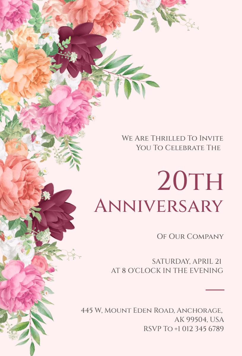 Elegant Floral 20th Company Anniversary Celebration Invitation Template