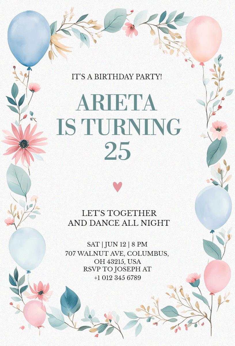 Elegant Floral 25th Birthday Celebration Invitation Template