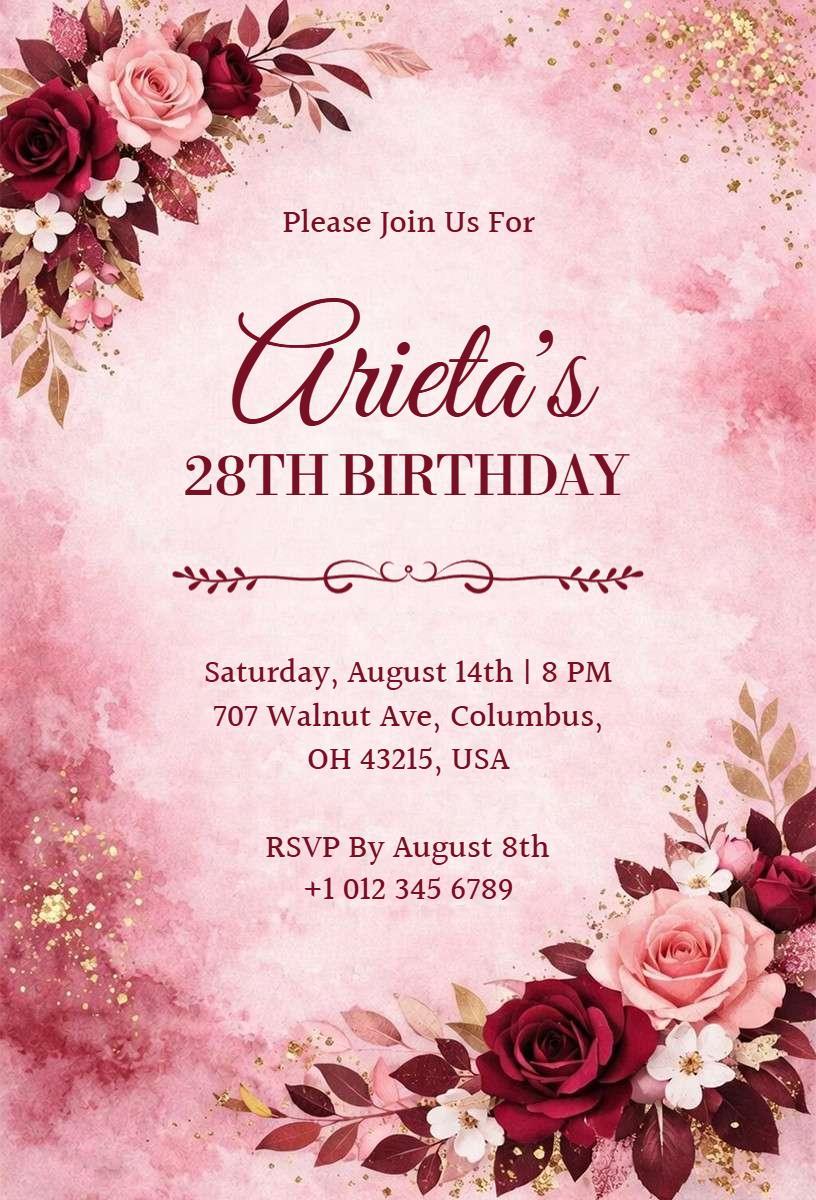 Elegant Floral 28th Birthday Celebration Invitation Template