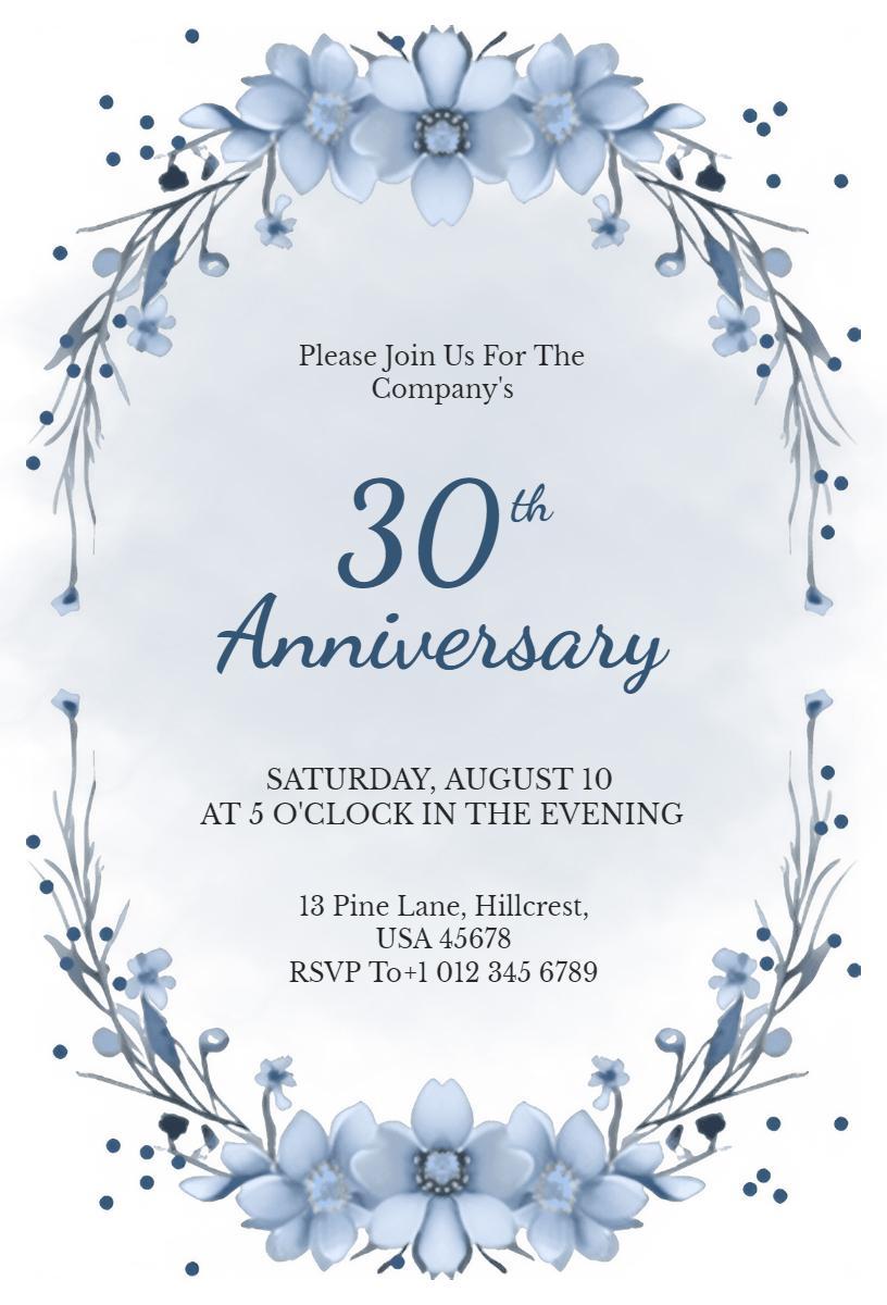 Elegant Floral 30th Anniversary Celebration Invitation Template