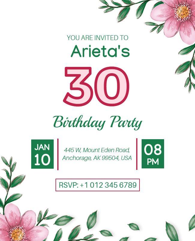 Elegant Floral 30th Birthday Party Celebration Invitation Template