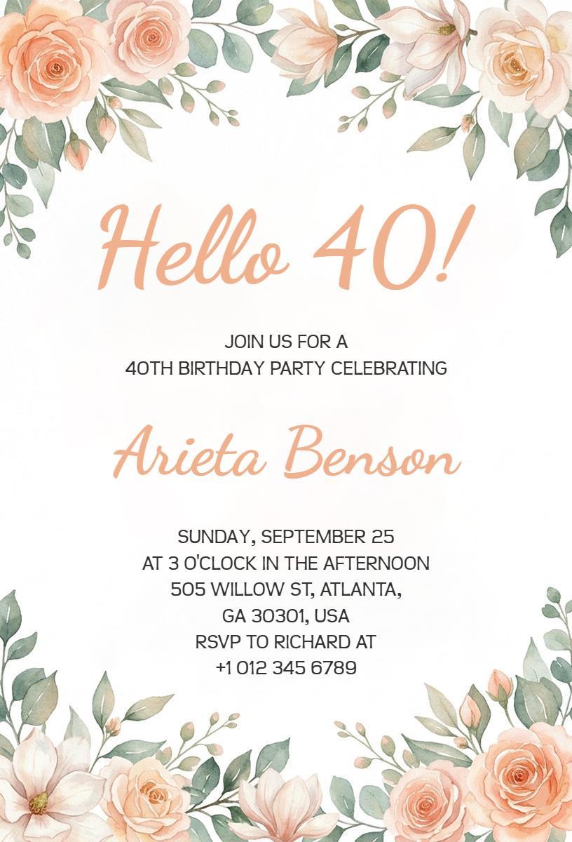 Elegant Floral 40th Birthday Celebration Invitation Template