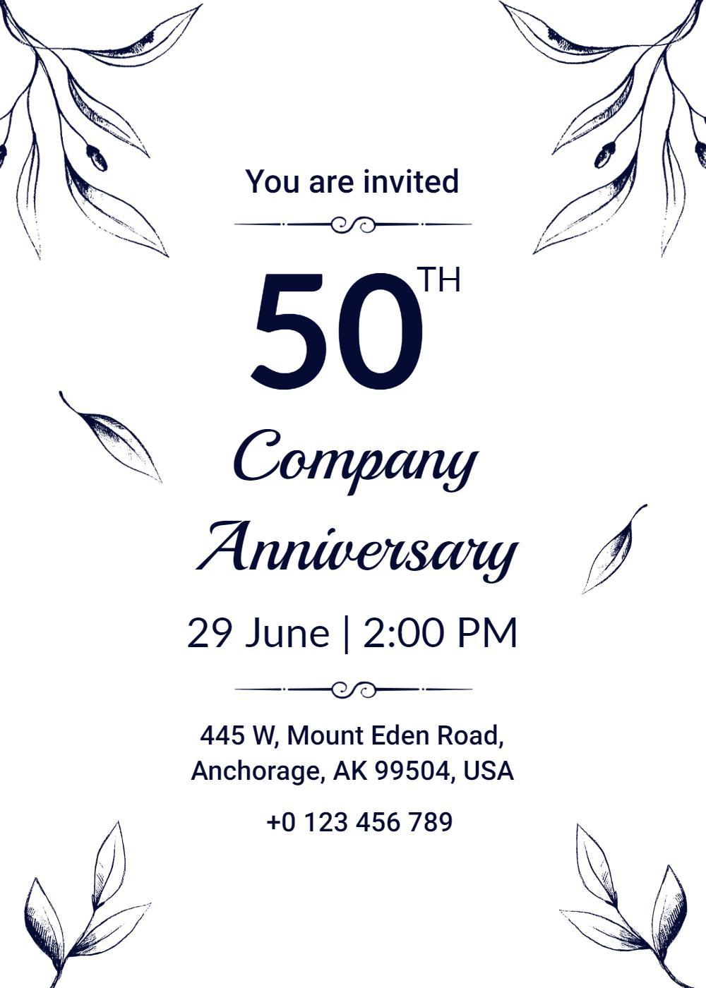 Elegant Floral 50th Company Anniversary Celebration Invitation Template