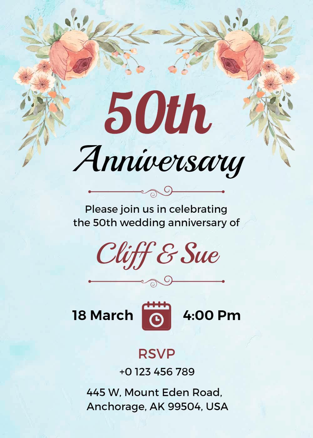 Elegant Floral 50th Wedding Anniversary Celebration Invitation Template