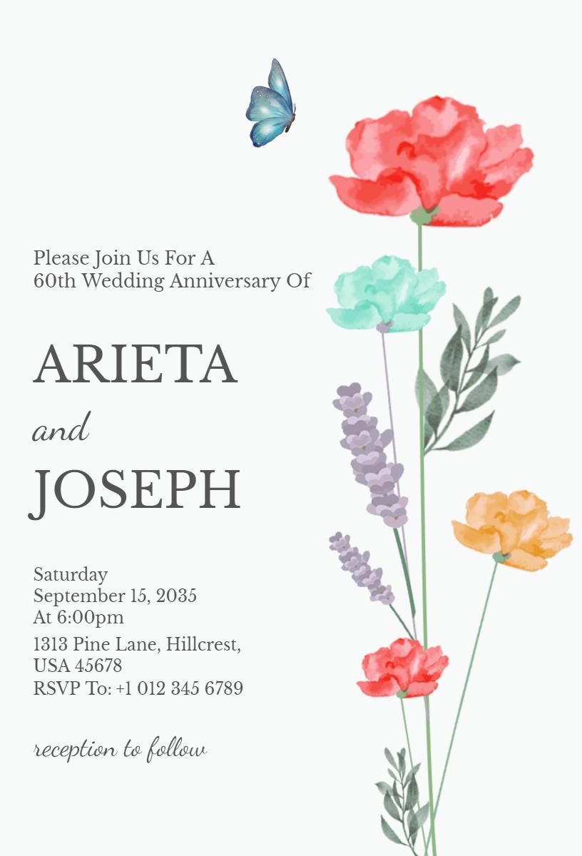 Elegant Floral 60th Wedding Anniversary Celebration Invitation Template