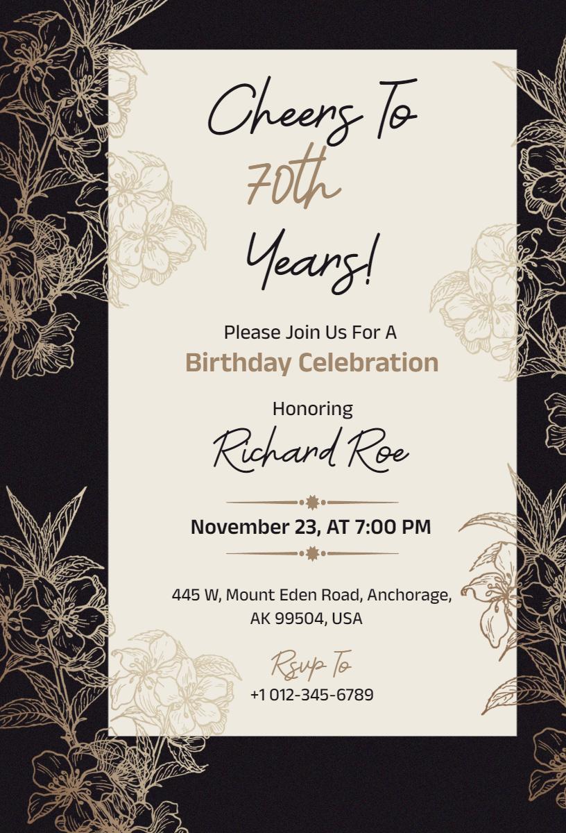Elegant Floral 70th Birthday Celebration Invitation Template