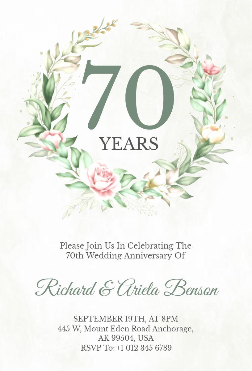 Elegant Floral 70th Wedding Anniversary Celebration Invitation Template