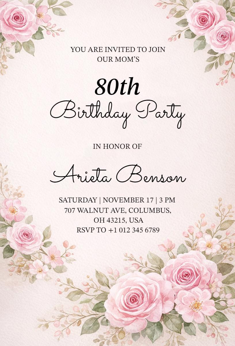 Elegant Floral 80th Birthday Celebration Invitation Template