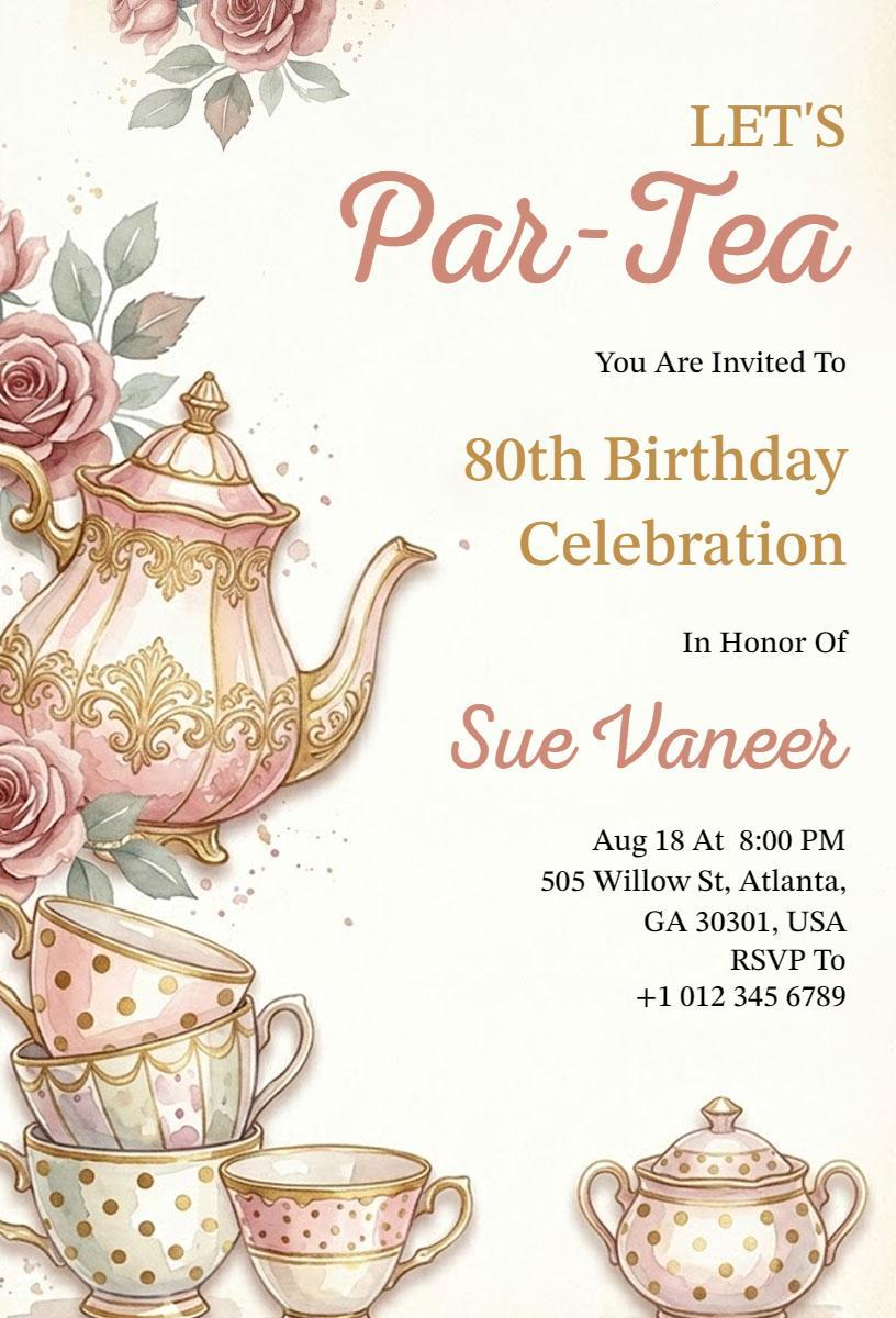 Elegant Floral 80th Birthday Tea Party Invitation Template