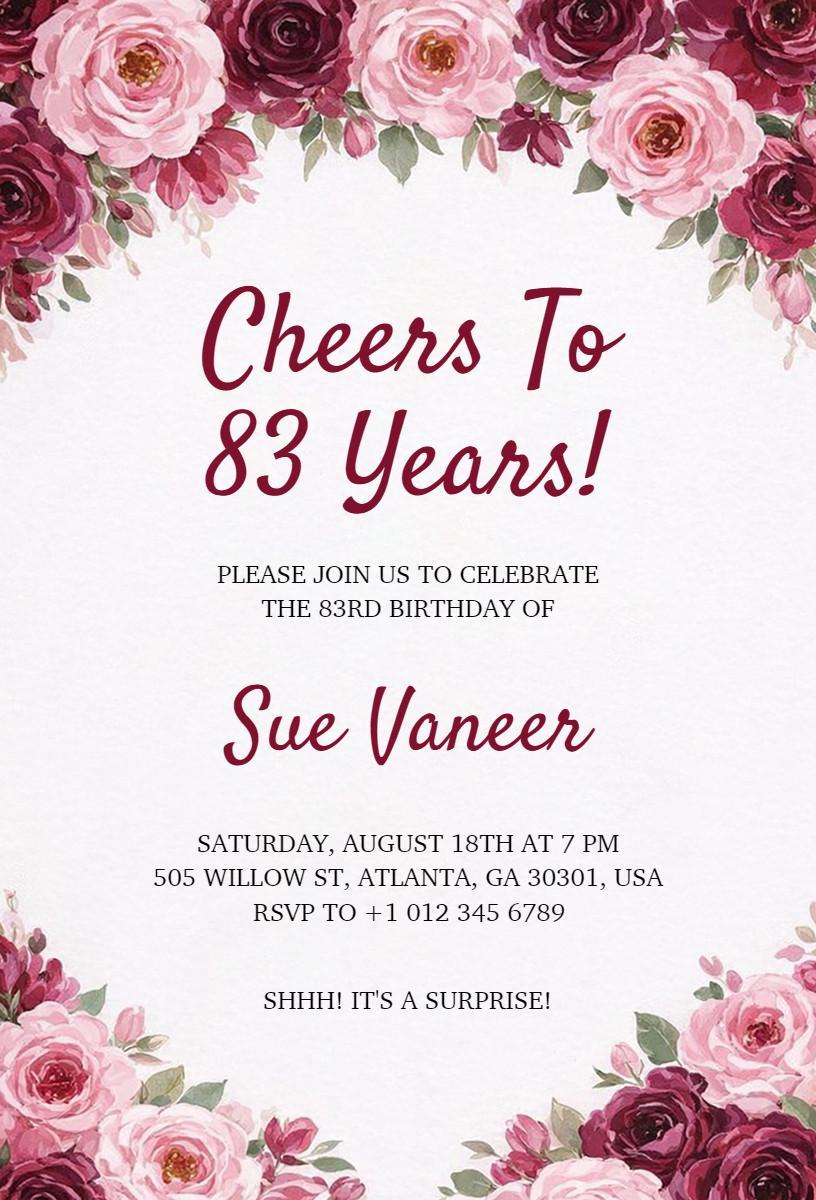 Elegant Floral 83rd Birthday Celebration Surprise Invitation Template