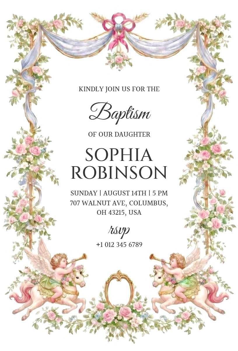 Elegant Floral Angelic Baptism Celebration Invitation Template