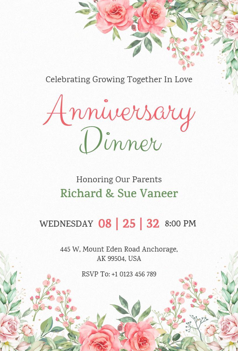 Elegant Floral Anniversary Dinner Party Invitation Template