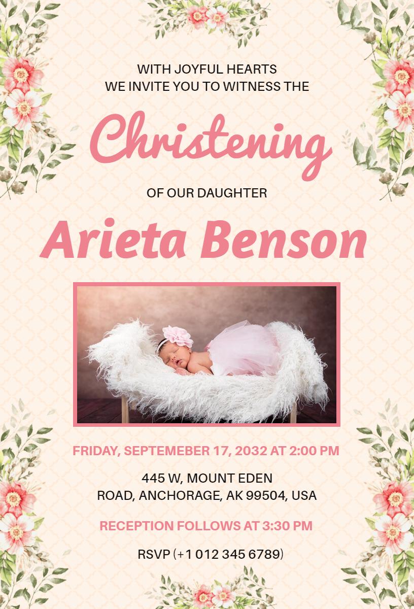 Elegant Floral Baby Girl Christening Celebration Invitation Template