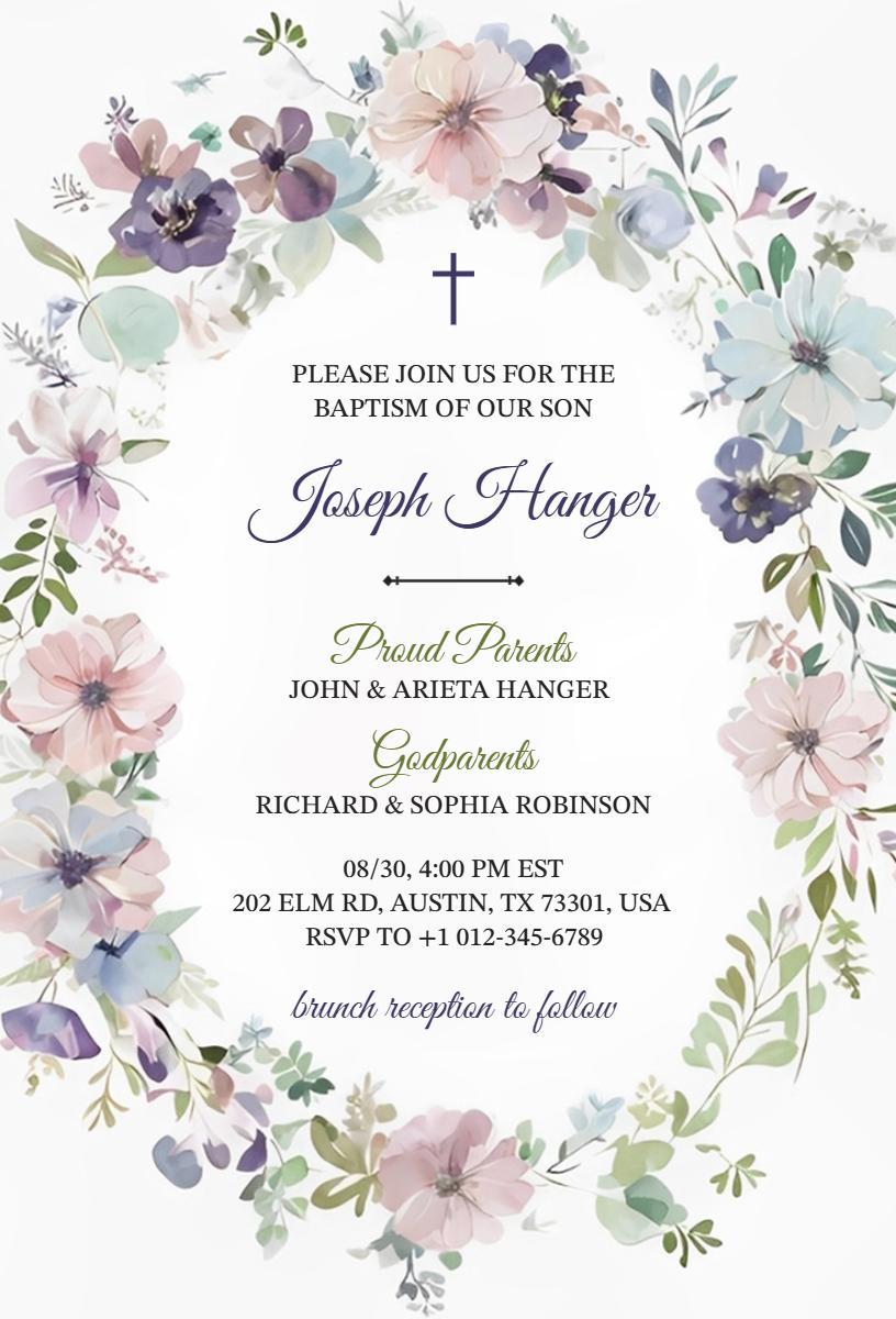 Elegant Floral Baptism Celebration for Joseph Invitation Template
