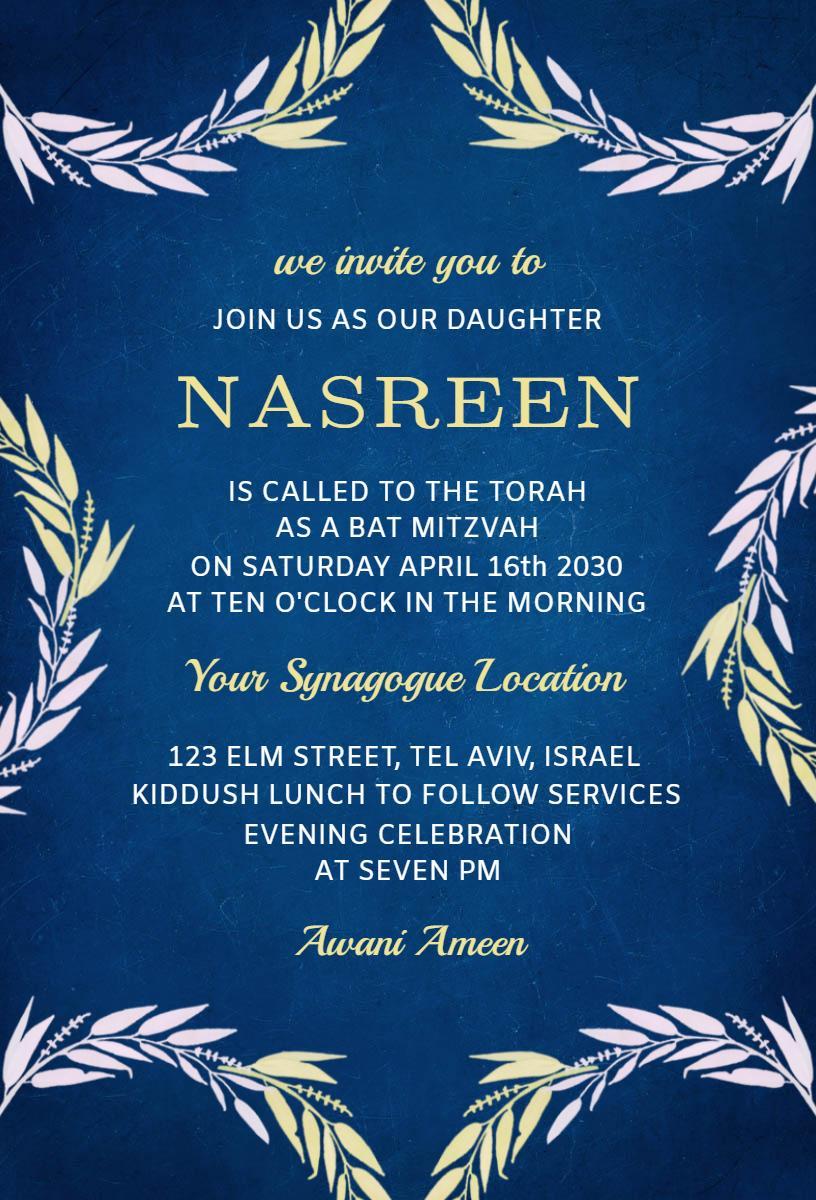 Elegant Floral Bat Mitzvah Ceremony Celebration Invitation Template