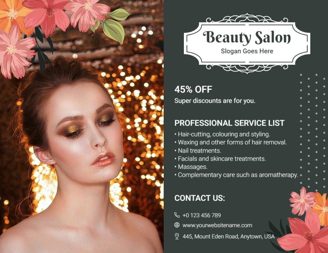 Elegant Floral Beauty Salon Services and Discounts Brochure Template