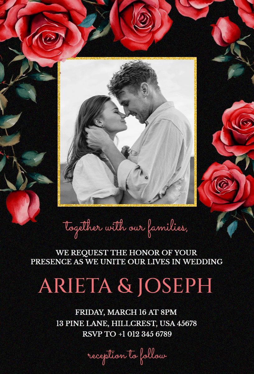 Elegant Floral Black Photo Wedding Celebration Invitation Template