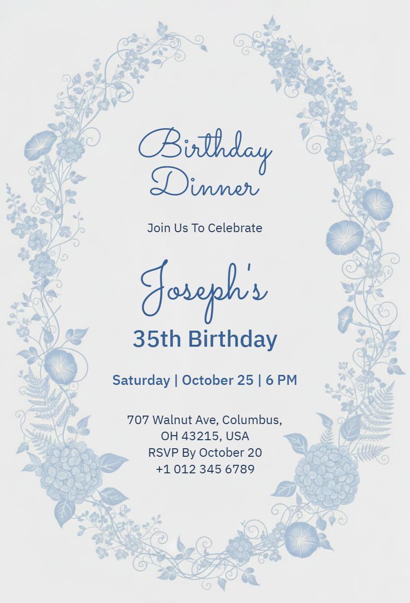 Elegant Floral Blue 35th Birthday Dinner Invitation Template