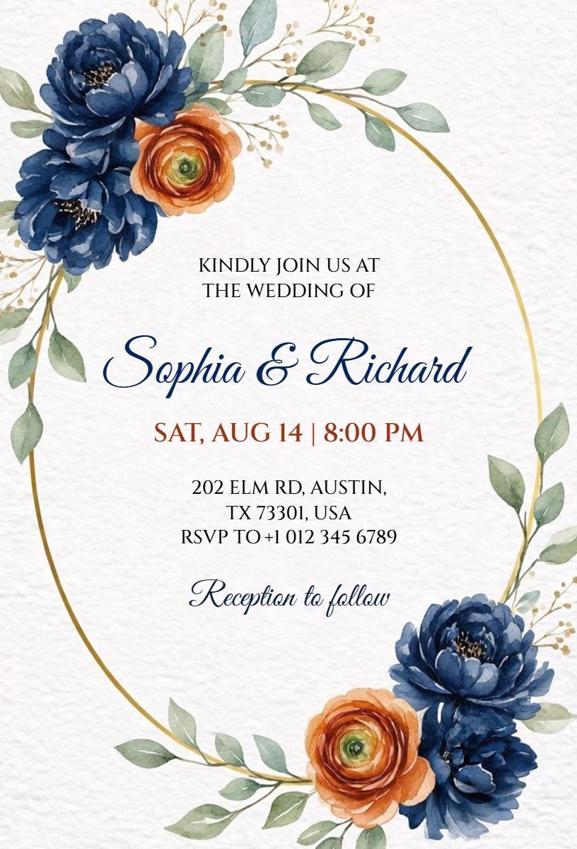 Elegant Floral Blue and Orange Wedding Invitation Template