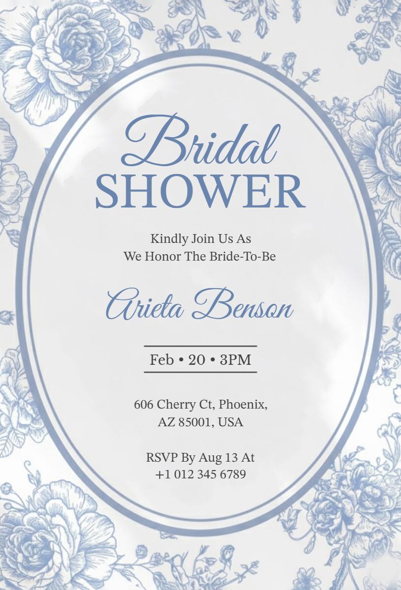 Elegant Floral Blue Bridal Shower Celebration Invitation Template