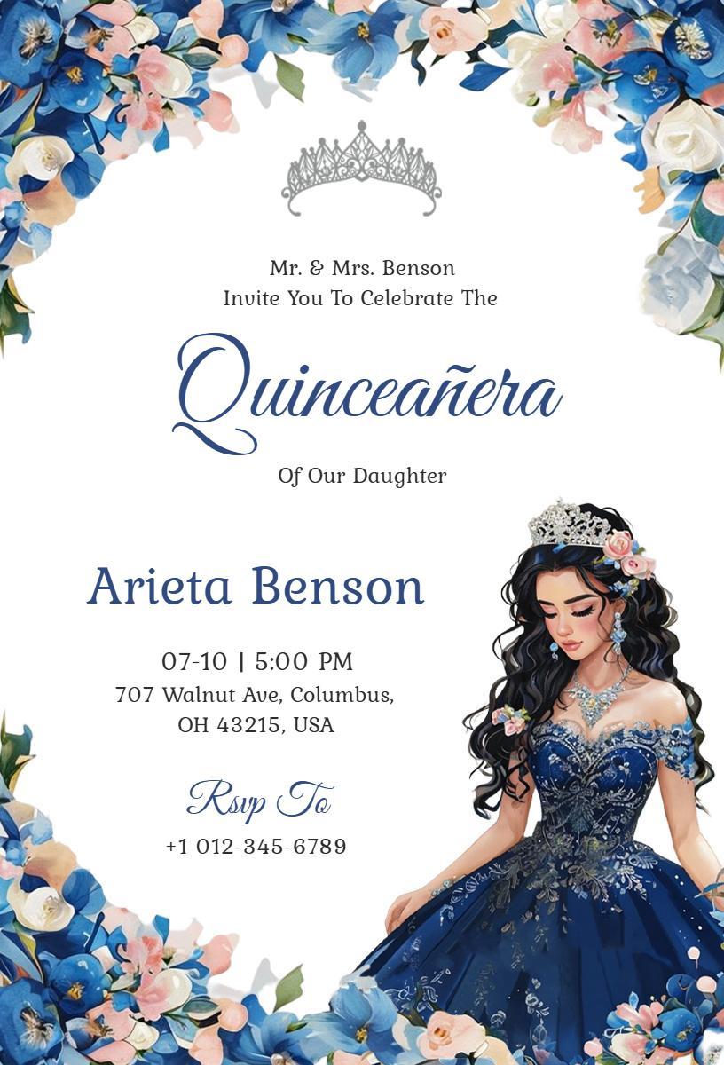 Elegant Floral Blue Quinceanera Celebration Invitation Template