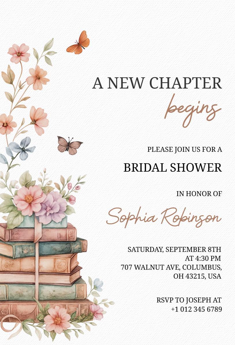 Elegant Floral Book Themed Bridal Shower Invitation Template