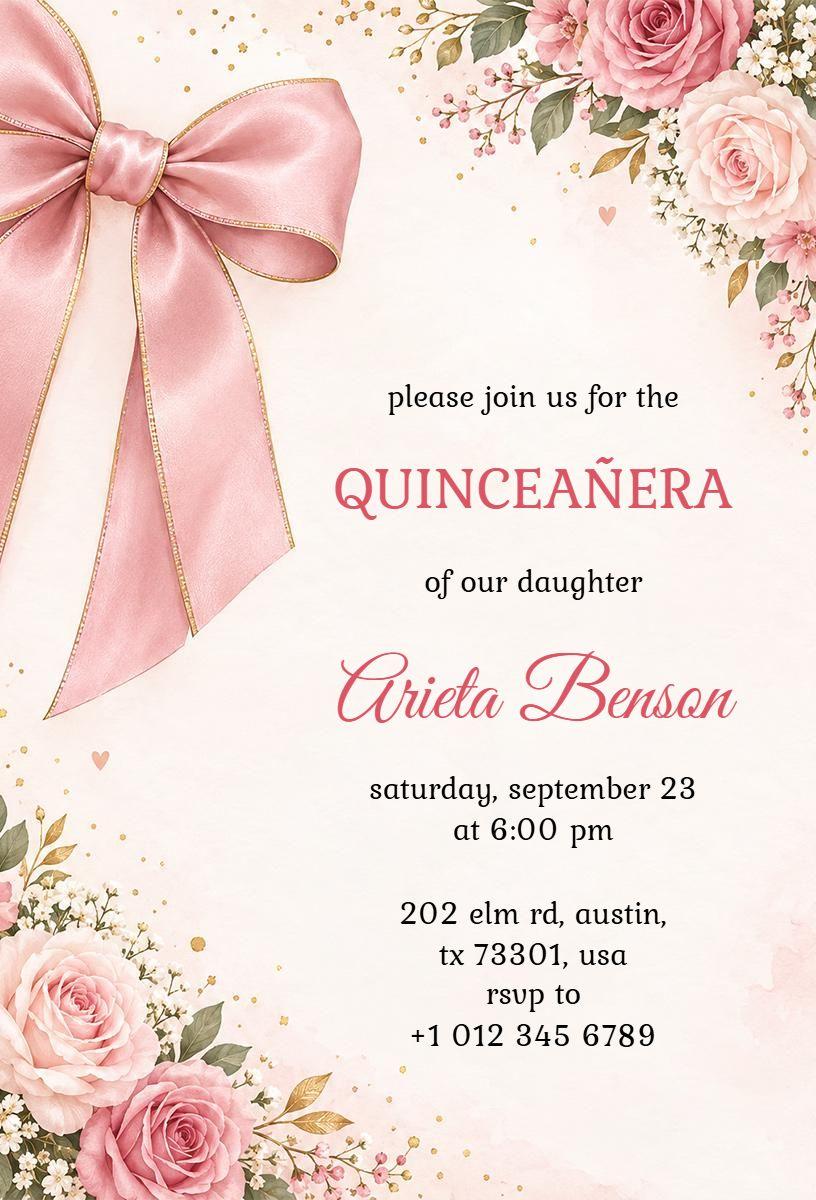 Elegant Floral Bow Quinceanera Celebration Invitation Template