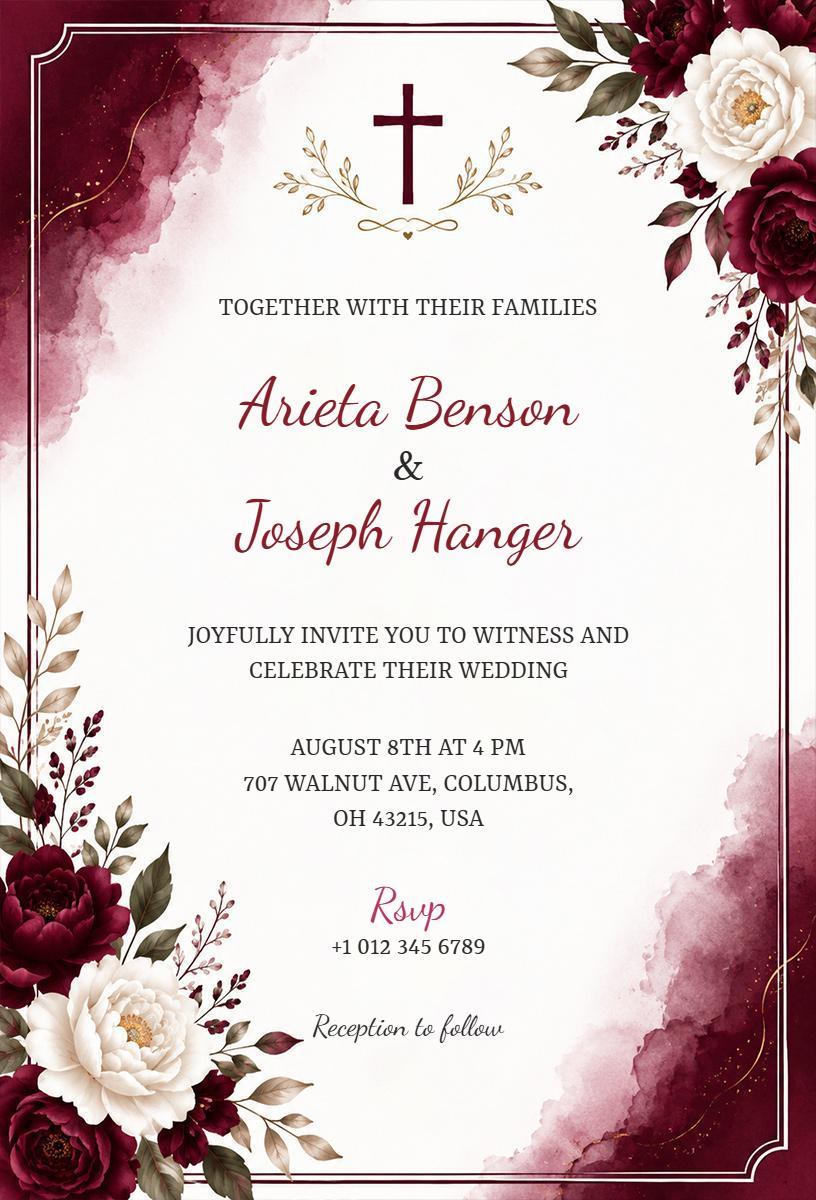 Elegant Floral Burgundy and White Wedding Invitation Template