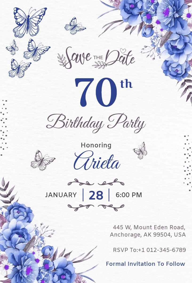 Elegant Floral Butterfly 70th Birthday Celebration Invitation Template