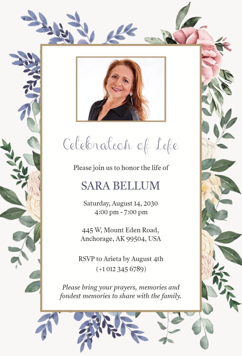 Elegant Floral Celebration of Life Funeral Invitation Template