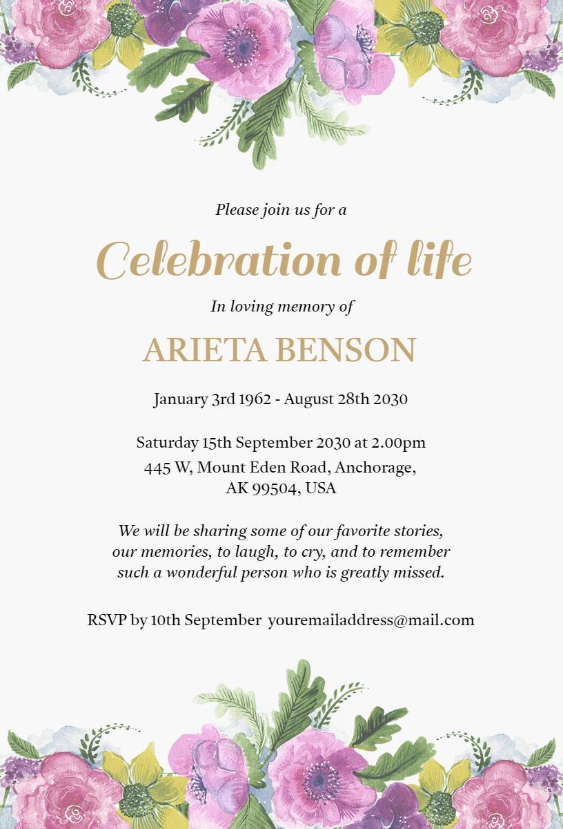 Elegant Floral Celebration of Life Memorial Service Invitation Template